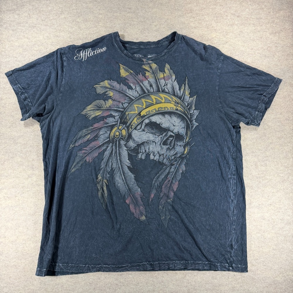 Affliction Live Fast T Shirt Mens 3XL Black Skull Headdress Graphic Distressed